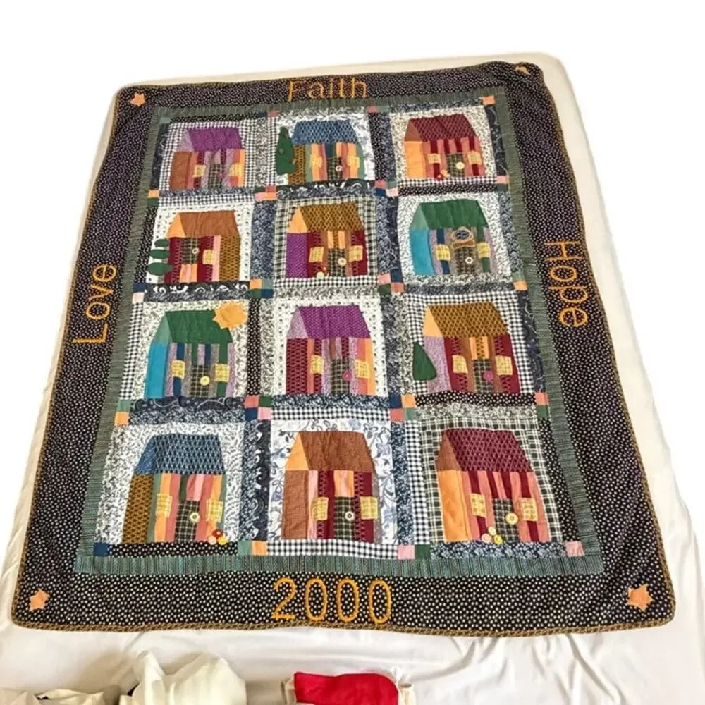 Vintage Handmade Little House Quilt 2000 Village Hand Stitched 48